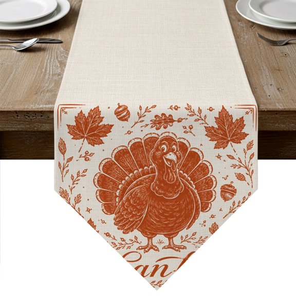 Orange Thanksgiving Table Runner Linen Burlap Table Runner 60 Inches Long Autumn Turkey Maple Branches Dresser Scarves for Kitchen Island Coffee Dining Room Party Wedding Holiday Decoration 13"x60"