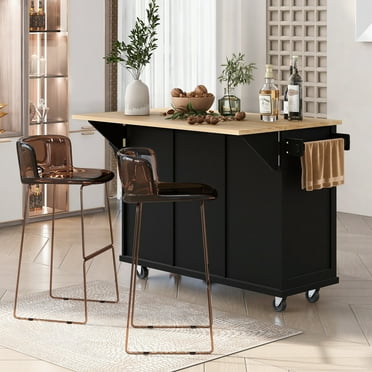 Rolling Kitchen Cart with Drop-Leaf Countertop, Storage Cabinet, and Wheels - Black