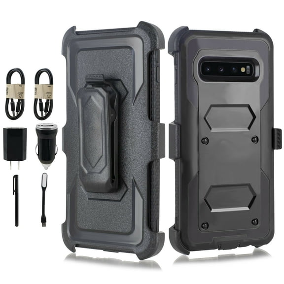 Value Pack for 5.8" Samsung Galaxy S10e Belt Clip Holster Raised Bevel Design Enhance Camera and Screen Protection Kickstands Hybrid Shock Heavy Duty Hard Back Armor Bumper Combo Phone Case Black