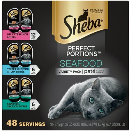 (24 Pack) Sheba Perfect Portions Wet Cat Food Pate in Natural Juices Signature Seafood Entree, Delicate Salmon Entree, and Tender Whitefish & Tuna Entree Variety Pack, 2.6 oz. Twin-Pack