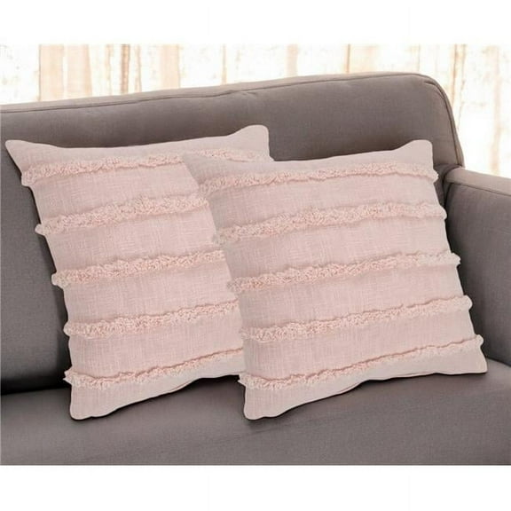 HomeRoots 554612 Pink Ribbed Cotton Throw Pillows with Fringe - Set of 2
