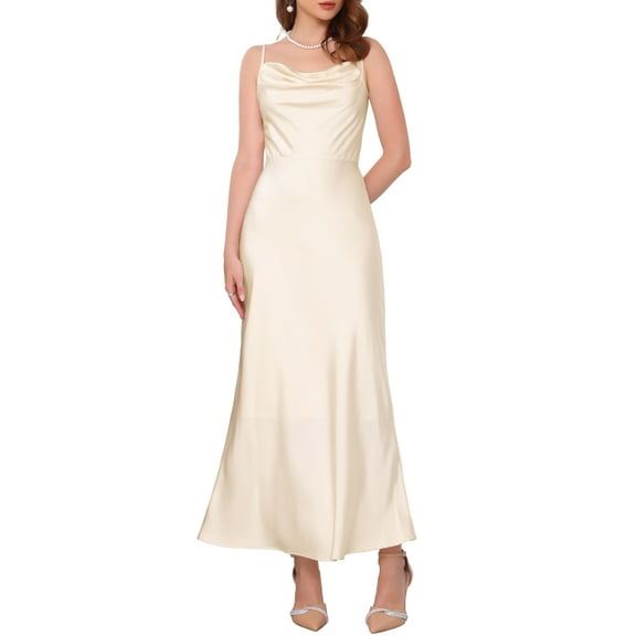 DARING DIVA Satin Spaghetti Strap Midi Cowl Neck Cocktail Dress S Champagne