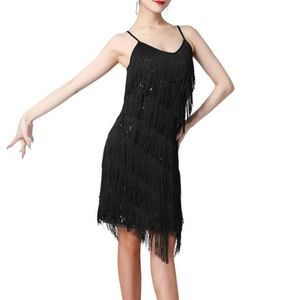 Vestido de mujer con borlas de lentejuelas y cuello en V para Samba, fiesta, Cha Cha Negro