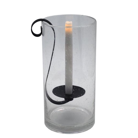 12 in. Seeded Glass Centerpiece Taper Candle Holder with Candle, Light Gray
