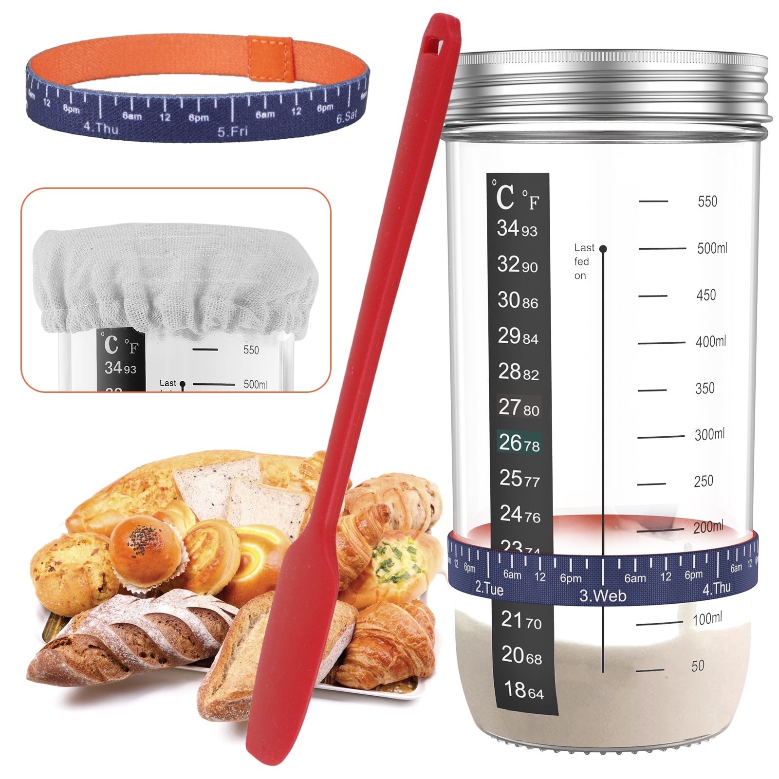 Sourdough Starter Jar Kit, 1500ml Glass Fermentation Tank with Wood Lid, Wood Spoon, Silicone Spatula & Thermometer, Reusable Sourdough Jar for Home