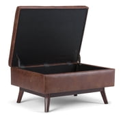 Simpli Home Owen Faux Leather Storage Coffee Table Ottoman in Saddle Brown
