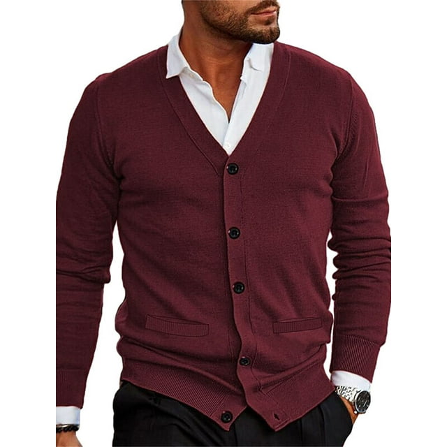 Men Cardigan, Long Sleeve V Neck Button Closure Sweater Knit Tops for Casual Daily