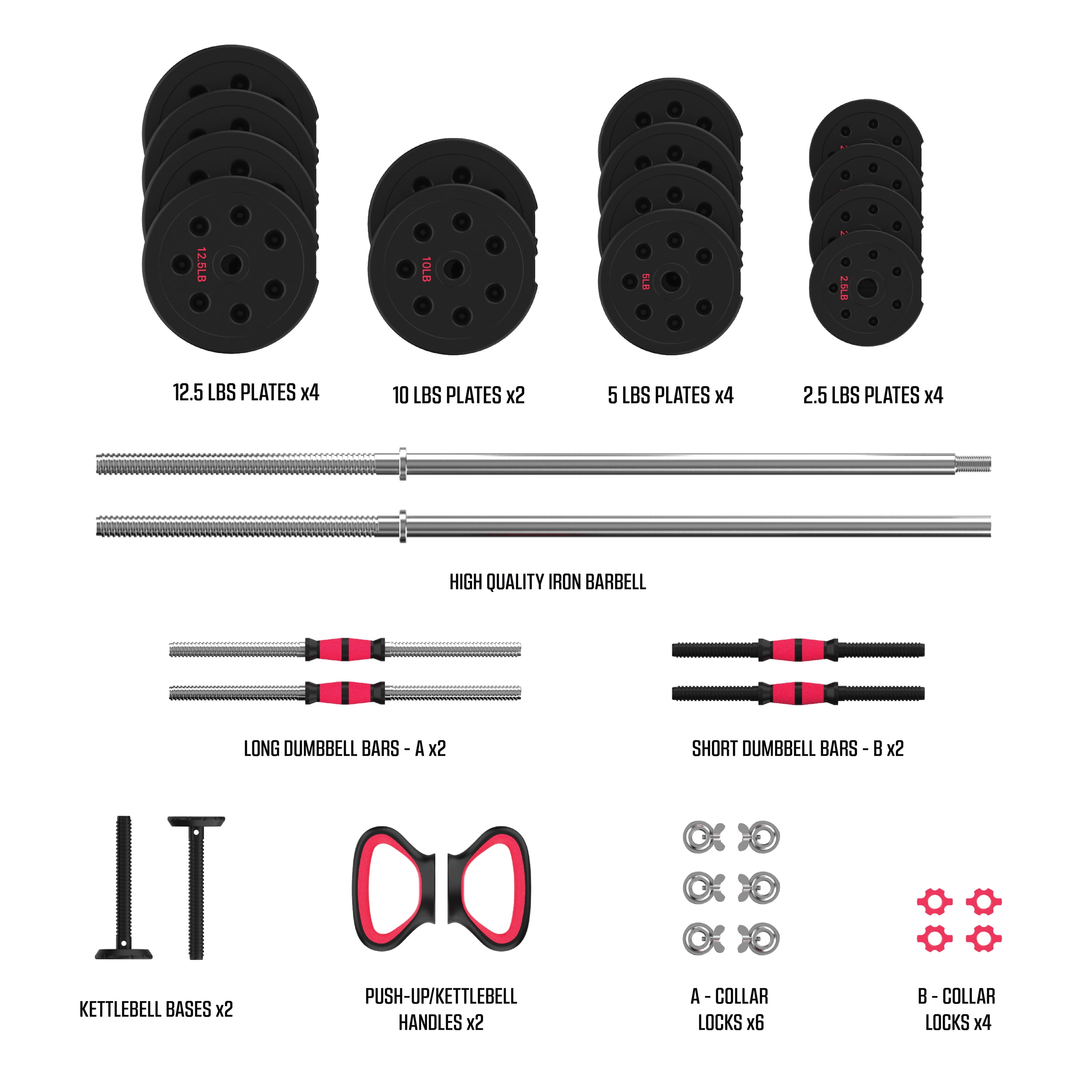 FitRx SmartBell Gym, 100lbs. Adjustable Dumbbells, Kettlebells and Barbell Weight Set, Metal Barbell