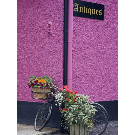 Bicycle and Flowers Outside Antique Store in Carrick Print Wall Art By Richard (Best Way To Store Bikes Outside)