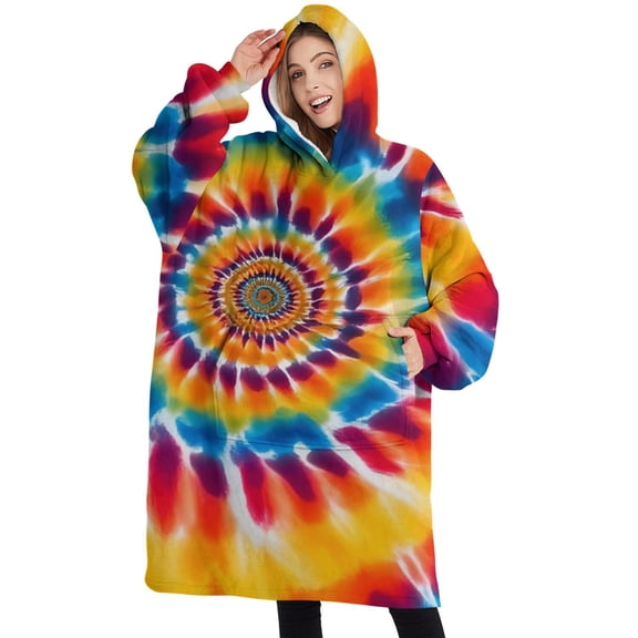 Oversized Wearable Blanket Hoodie,Colorful Rainbow Tie Dye Spiral Pattern Sherpa Blanket Hoodie with Super Pockets,Super Warm Fuzzy Pullover for Women & Men