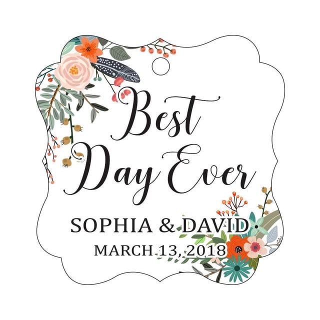 Darling Souvenir Personalized Fancy Frame Wedding Gift Tags 'Best Day Ever' Custom Name & Date Favor Hang Tags-Floral White-100 Tags