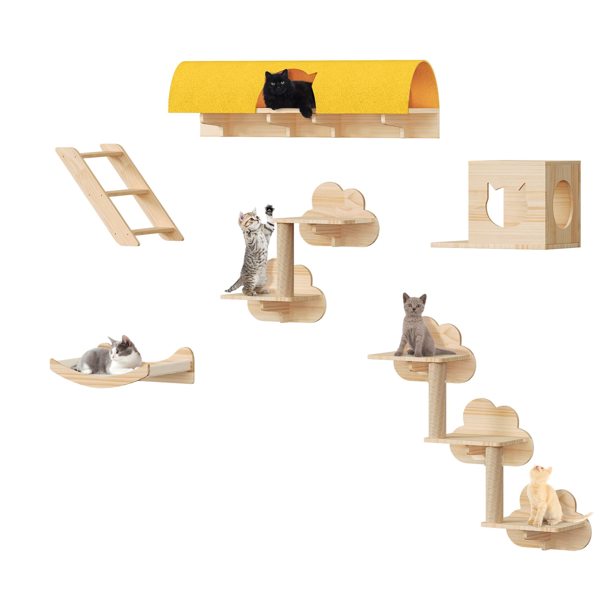 Cat Wall Shelves With Tunnel  12-in-1 Solid Wood Mounted Furniture Cave & Steps Multi-level Climbing Systems Space Saving Floating