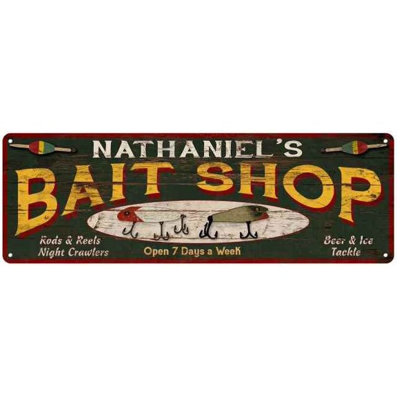 NATHANIEL'S Bait Shop Sign Wood Look Man Cave Den Gift 6x18 Metal 206180024209