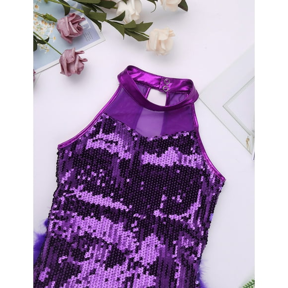 Manyakai Big Girls Shiny Sequins Ballet Tutu Dress Gymnastics Leotards Latin Jazz Modern Dance Sleeveles Outfit Purple 10