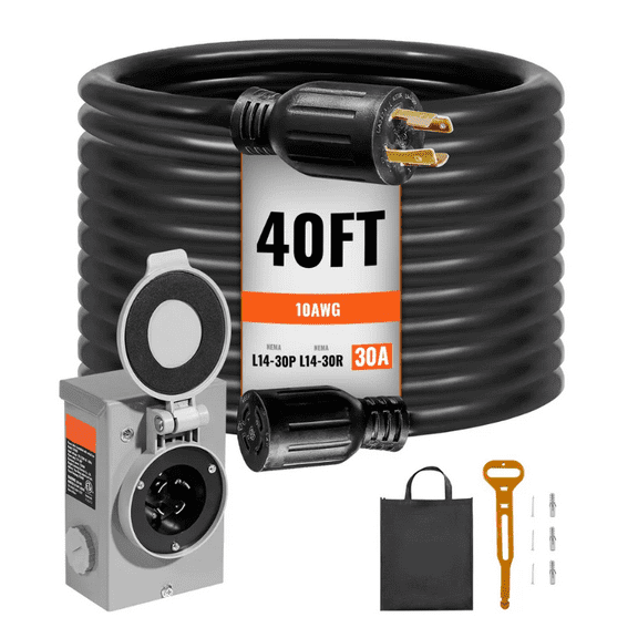 30 Amp Generator Cord & Inlet Box Kit 40FT Extension Cord NEMA L14-30P