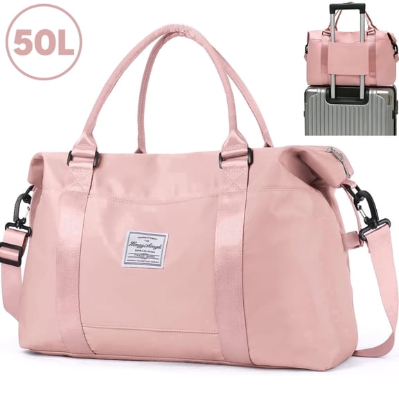 Travel Duffle Bag, 50L Foldable Weekender Bags for Women with Wet Pocket, Carry on Overnight Bag for Men Women, 24" Gym Travel Bag Water Repellent & Tear Resistant, Pink