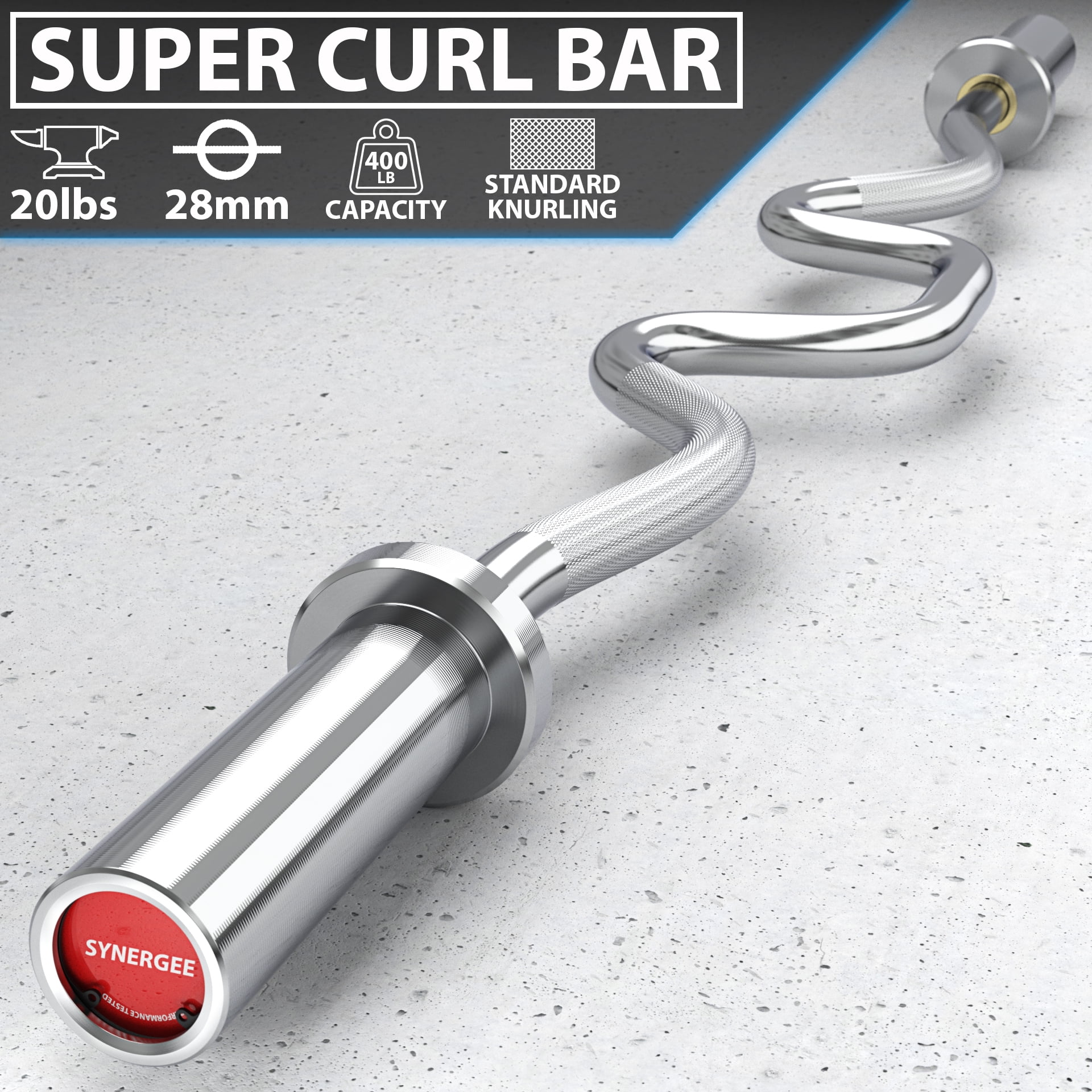 Synergee Commercial Super Easy Curl Olympic Bar Chrome with Powder Coated Brass Bushings Excellent for Bicep Curls and Triceps Extensions