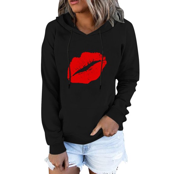 Hoodie Women Trendy Fall Comfy Hooded Long Sleeve Rolled Cold Shoulder Drawstring Love Printed Leisure Cotton Hoodies Sweatshirts(Black,L)