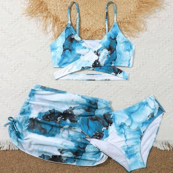 Zylarhe Girls Swimsuit 3 Piece Girls Swimwear Printed Triangle Swimsuit Set with Cover Up for Summer Beach Play Platform Girls Swimsuit Bathing Suits 11-12 Years Blue