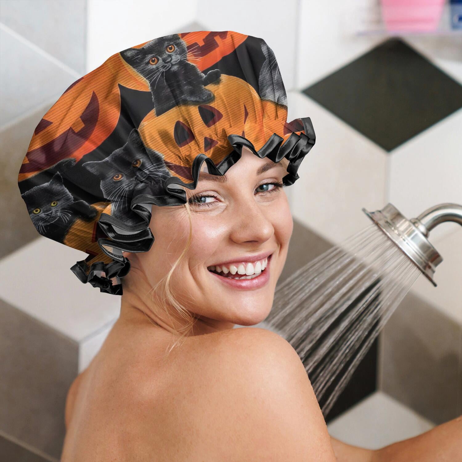 Shower Caps,Halloween Black Cats and Pumpkins Pattern Waterproof Shower Cap for Women 4 Pieces,Double Reusable Hair Cover for Shower PEVA Elastic Stretch Hem