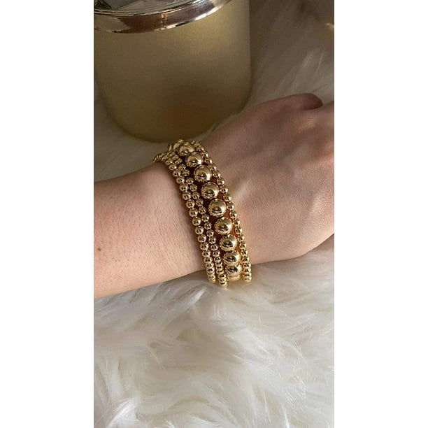 Eayy Beaded Bracelet For Women Stack 14 K Real Gold Ball Beads Bracelet Elastic String Friendship Bracelets Set Dainty Stretch Bracelets Jewelry For M