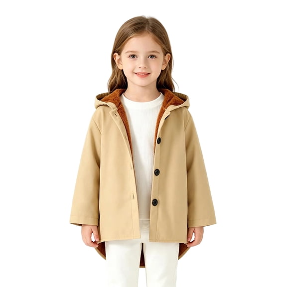 lnmuld Kids Plush Lined Hooded Coat Solid Button Front Warm Mid Length Windproof Outerwear for Toddler Boys Girls Khaki,6-7 Years