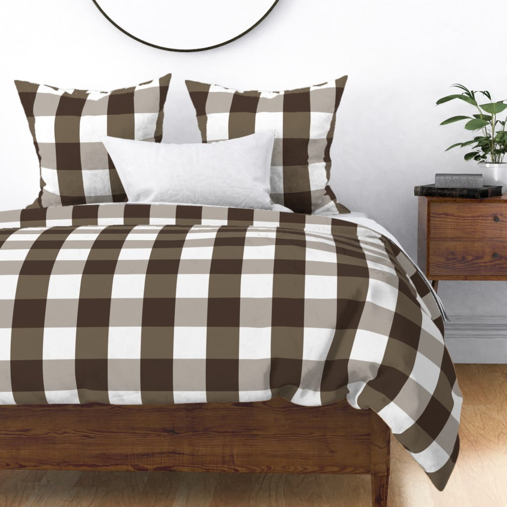 Rustic Check Brown Farmhouse Sateen Duvet Cover by Roostery
