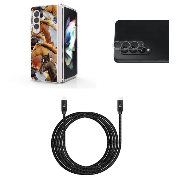 Accessory Bundle for Galaxy Z Fold 4: Slim Snap-On Case (Wild Horses), Rear Camera Glass Protector, Nylon Braided USB-C to USB-C Cable (4 Feet)