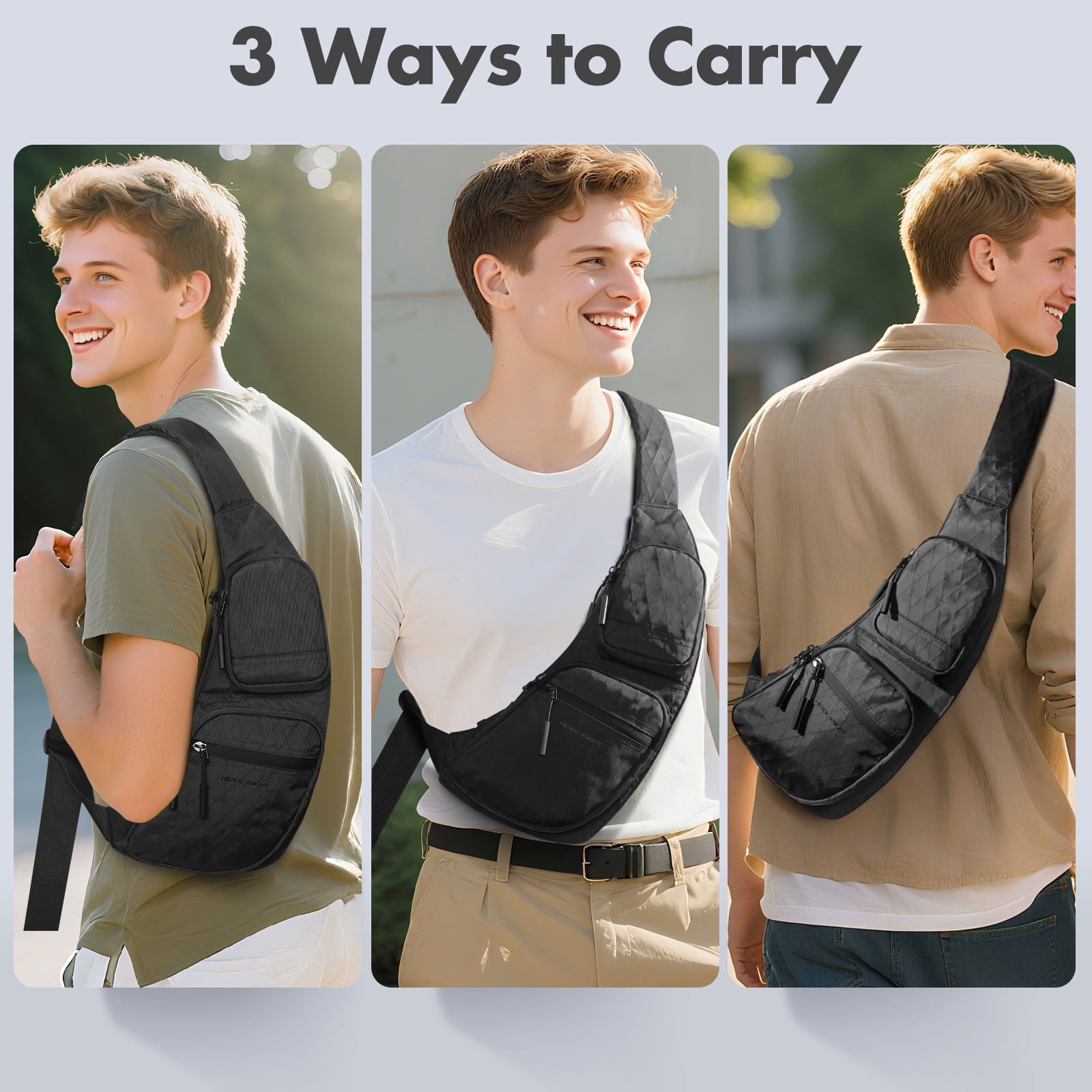 HEROIC KNIGHT Sling Bag for Men Women, Waterproof & Lightweight Crossbody Bag with Multiple Pockets for Casual Travel Sport Hiking, Black