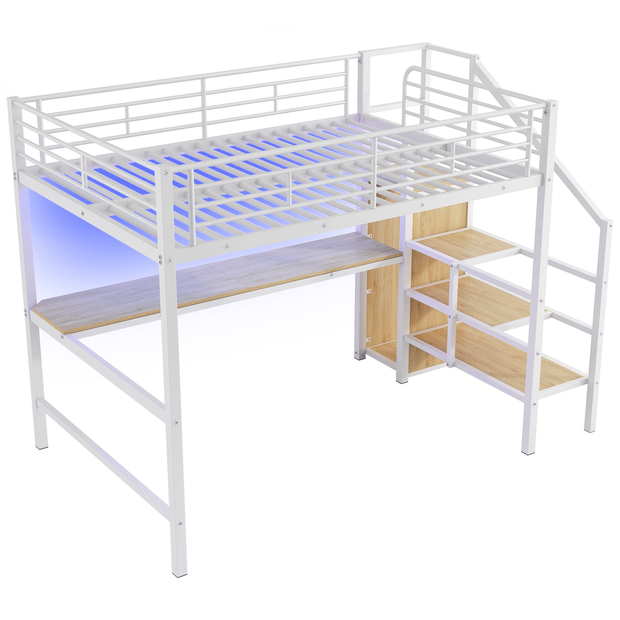 Euroco Metal Full Size Loft Bed with Desk and LED Light, Storage Staircase and Open Wardrobe, White