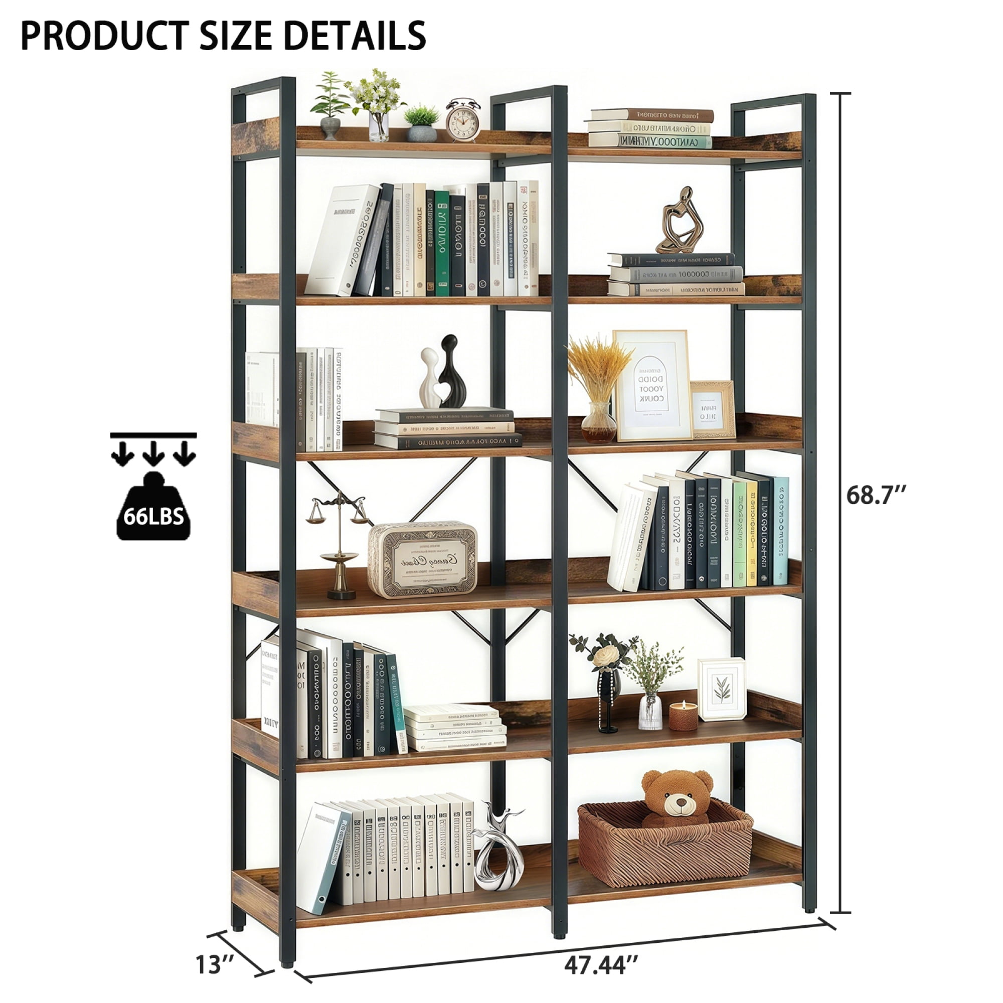 Leumius 6-Tier Industrial Bookshelf, 67" Wooden Bookshelf with Open Shelves, Freestanding Metal Frame Bookcase for Storage and Display, Modern Book Shelves for Bedroom Living Room Home Office Brown