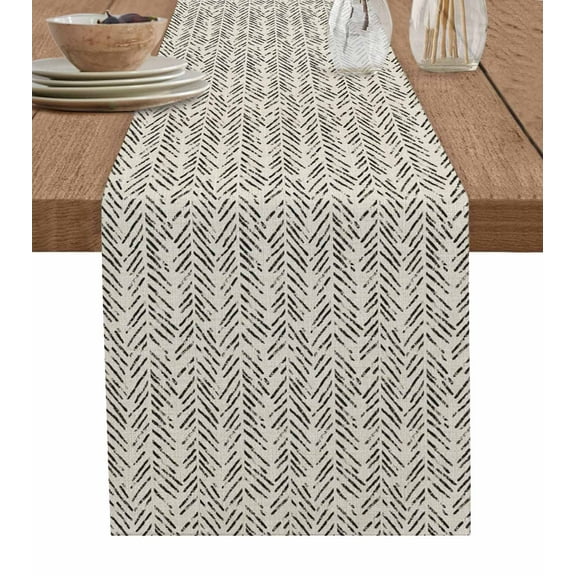 ERUNPONLY Beige Black Striped Table Runner - 70 Inch Long Abstract Modern Art Irregular Stripe Cotton and Linen Blended Dress Scarves Farmhouse Table Runner for Kitchen Dining, Coffee Table, 13"x70"