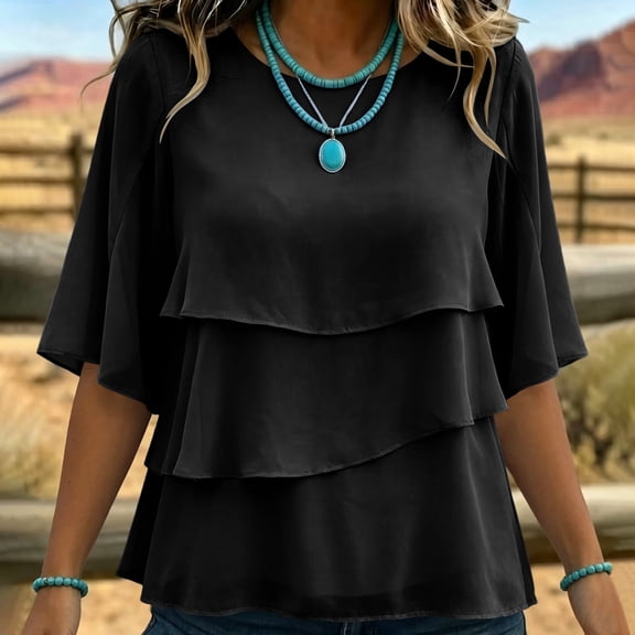 ClodeEU Women's Chiffon Tiered Ruffle Flared 3/4 Sleeve Blouse ,Casual Loose Fit Bohemian Top Black,Women's Plus L