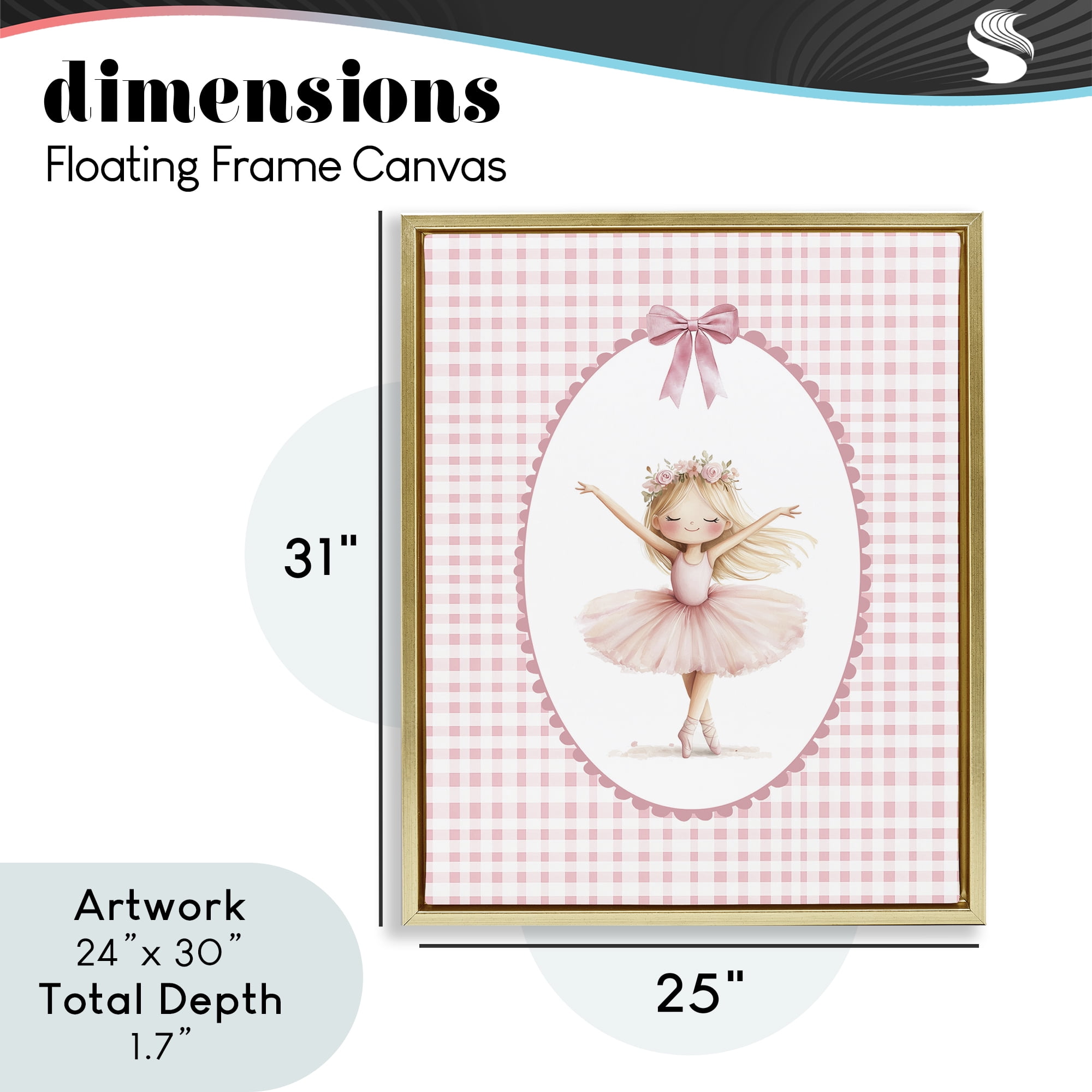 Ballerina on Pink Checkered Gold Framed Floater Canvas Wall Art, design by Christine Simpson Art