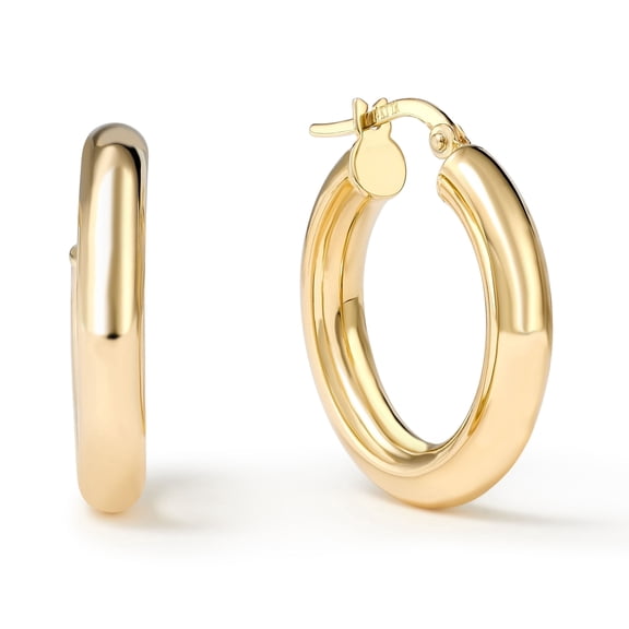 14K Yellow Gold Round Gold Hoop Earring for Women | High-Polish, 0.91 Inch Diameter, Chunky (4mm)| Real Gold, Stamped for Authenticity