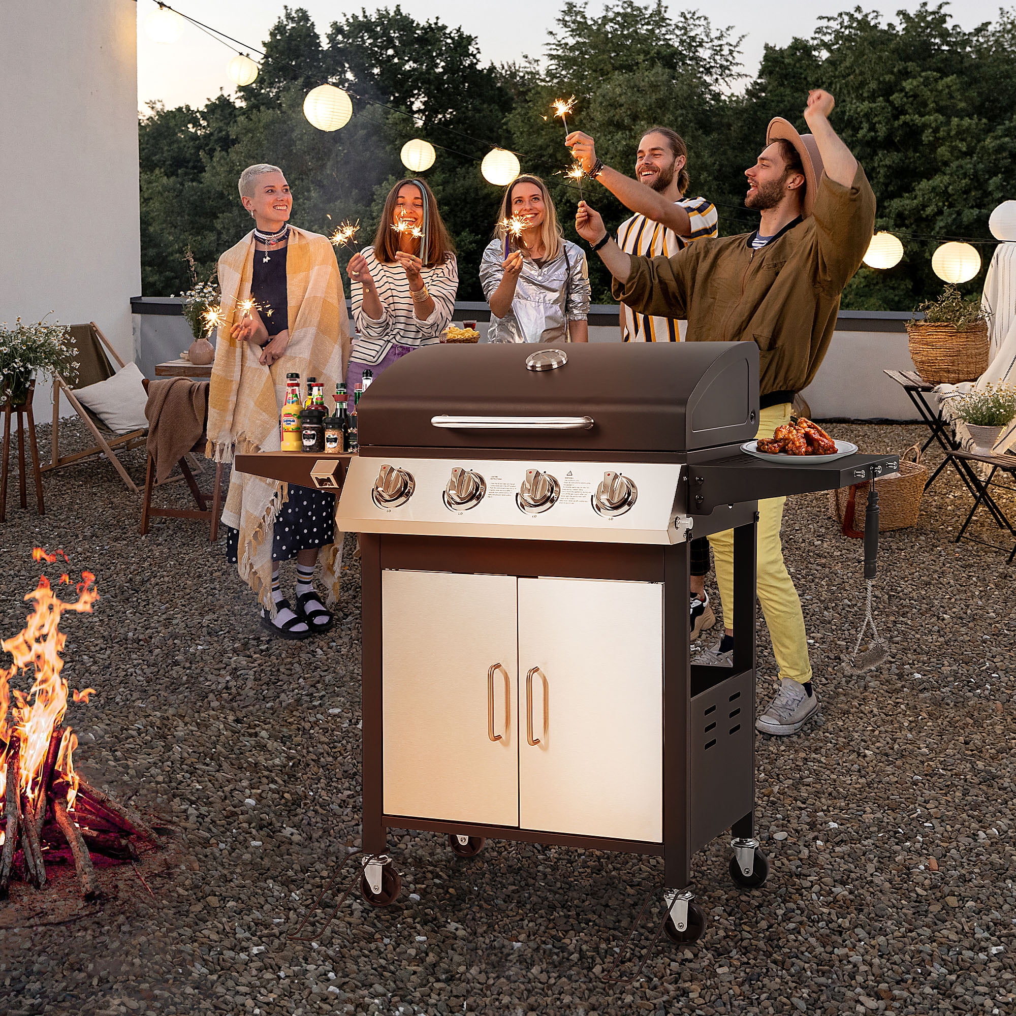 4-Burner Gas Grill with 4 Universal Wheels & Bottle Opener, 40000BTU Outdoor Grill with Side Table for Camping, Black & Sliver