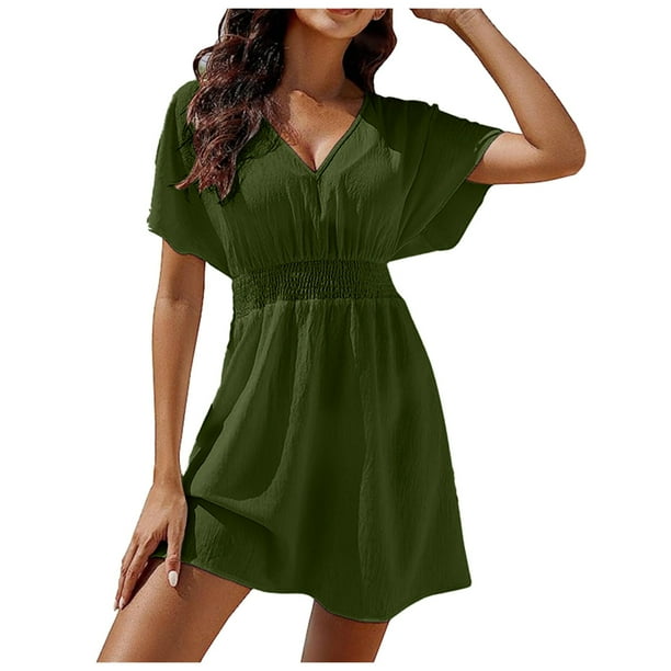 Falda con pliegues y protección solar para mujer - Cuello en V, manga corta, poliéster estampado, vestido informal de verano S-XXL