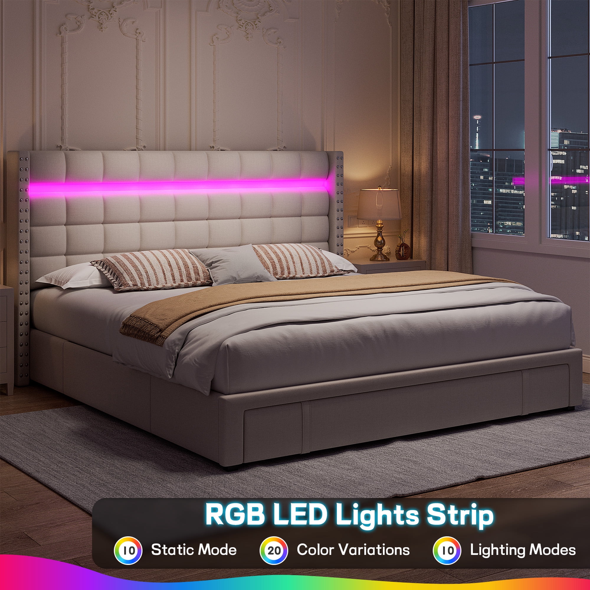 Queen Size Bed Frame with LED Light Upholstered Bed Frame with 3 Storage Drawers Bed Frame with Adjustable Headboard,Beige