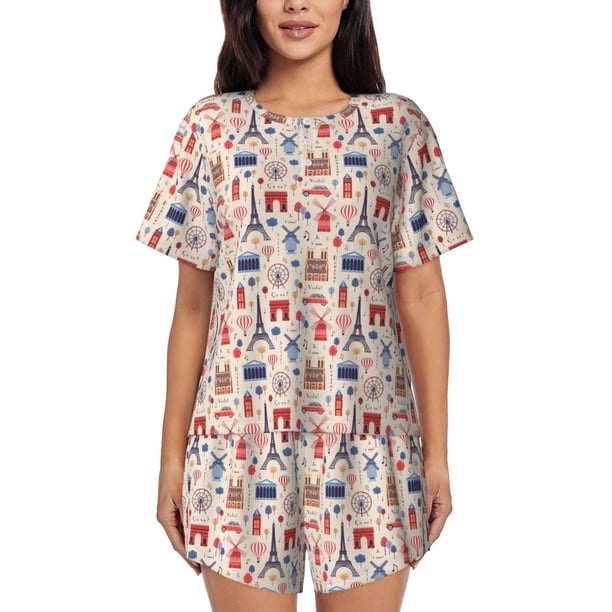 Fotbe Paris Conjunto de Pijama Estampado para Mujer, 2 Piezas, Ropa de Dormir con Camiseta de Manga Corta y Shorts Suaves-Medium