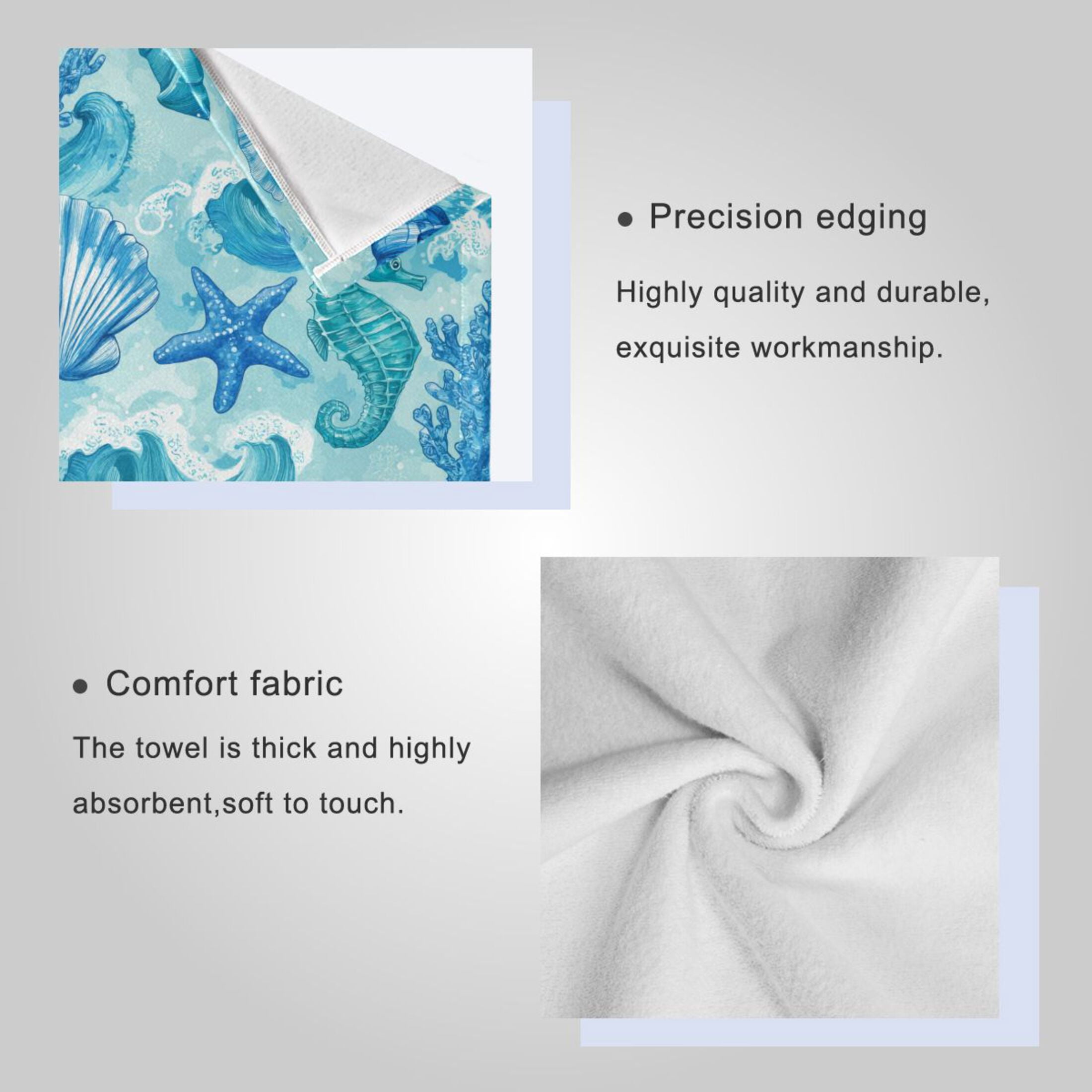 3 Pack Towel Set - Bath Towel, Hand Towel & Washcloth for Daily Household Use Nautical Blue Sea Life Art