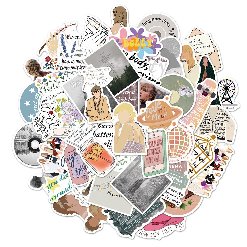 Gprince 50PCS Taylor Swift Folklore Stickers, Folklore Quote Stickers Pack,  Evermore Vinyl Sticker for Phone-Macbook-Hydroflask-Skateboard-Luggage 