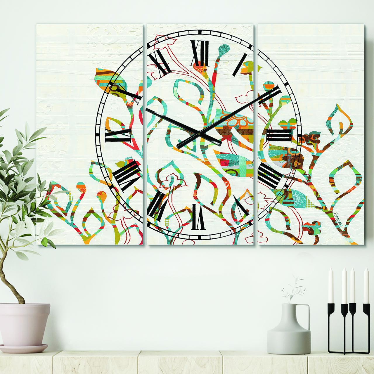 Designart 'Rainbow Coloured Vines And Flowers' Farmhouse Wall Clock