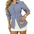 thumbnail image 3 of Womens Button Down Shirts Striped Classic Long Sleeve Collared Office Work Blouses Tops Navy Blue XL, 3 of 7
