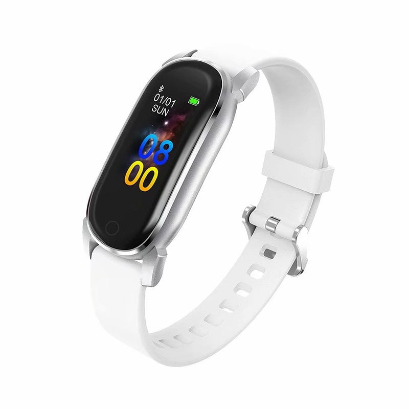 Newest Bluetooth 5.0 Smart Watch IP68 Waterproof Temperature Monitoring Heart Rate Blood Pressure Fitness Tracker Smart Bracelet for Android and iOS Phones Wristband White Silicone Strap