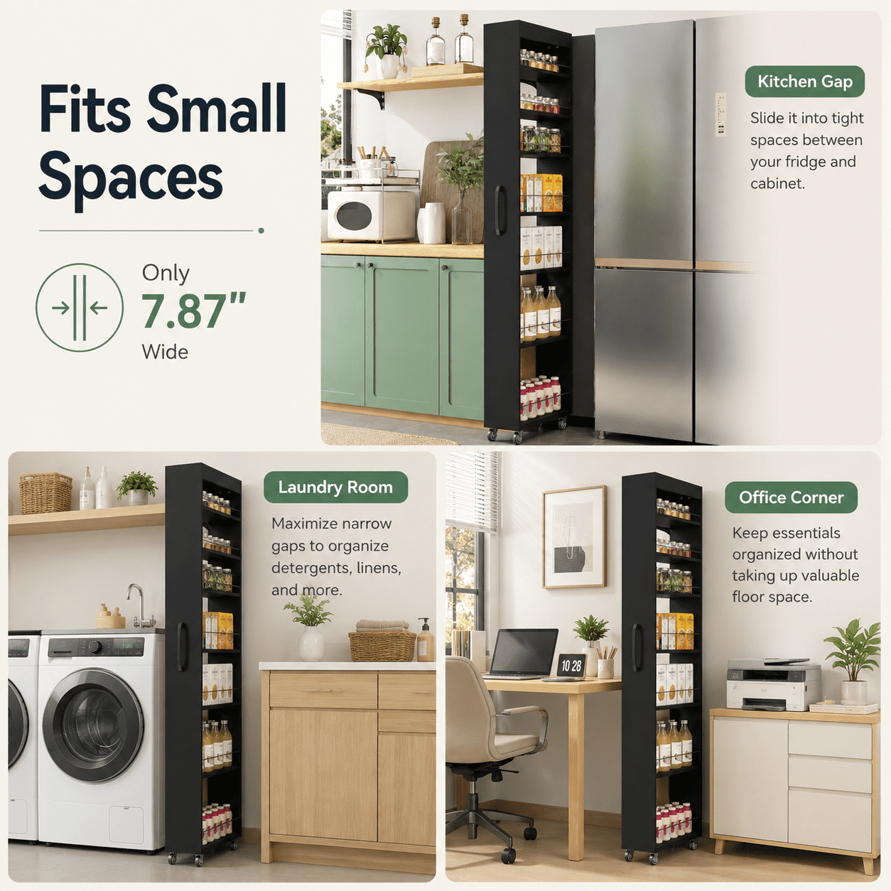 Aukfa 7-Tier Slim Rolling Pantry Cabinet, 70.7" Narrow Pull-Out Kitchen Storage Cart with Handle and Casters,Black