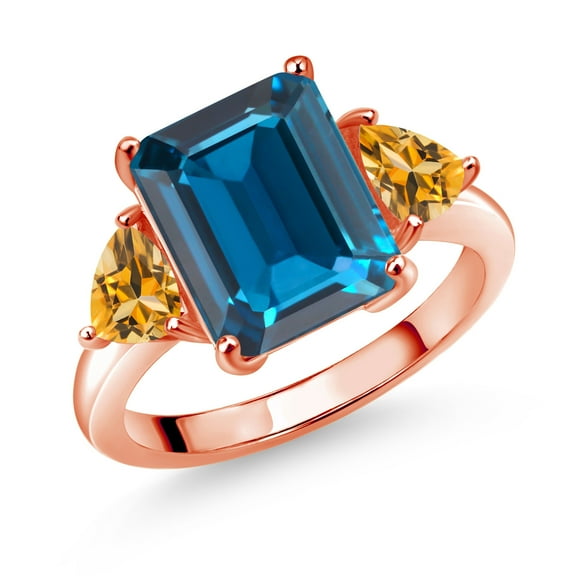 Gem Stone King 18K Rose Gold Plated Silver London Blue Topaz and Yellow Citrine 3 Stone Ring for Women (8.32 Cttw, Emerald Cut 12X10MM, Trillion 5X5MM, Gemstone November Birthstone, Size 9)