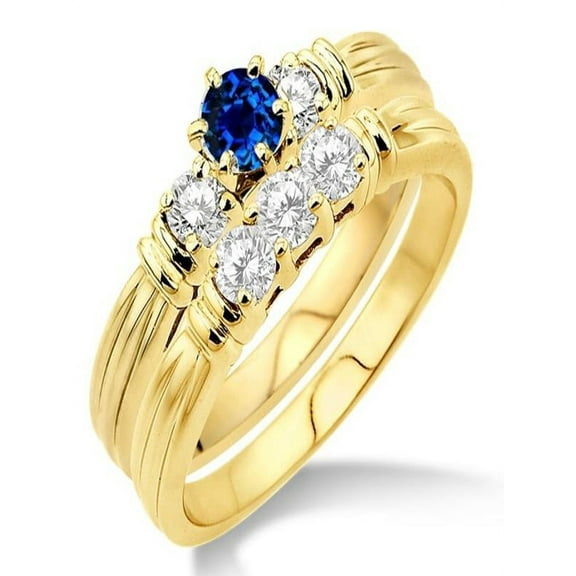 1.25 Carat Sapphire and Diamond Three Stone Bridal Set on 10k Yellow Gold