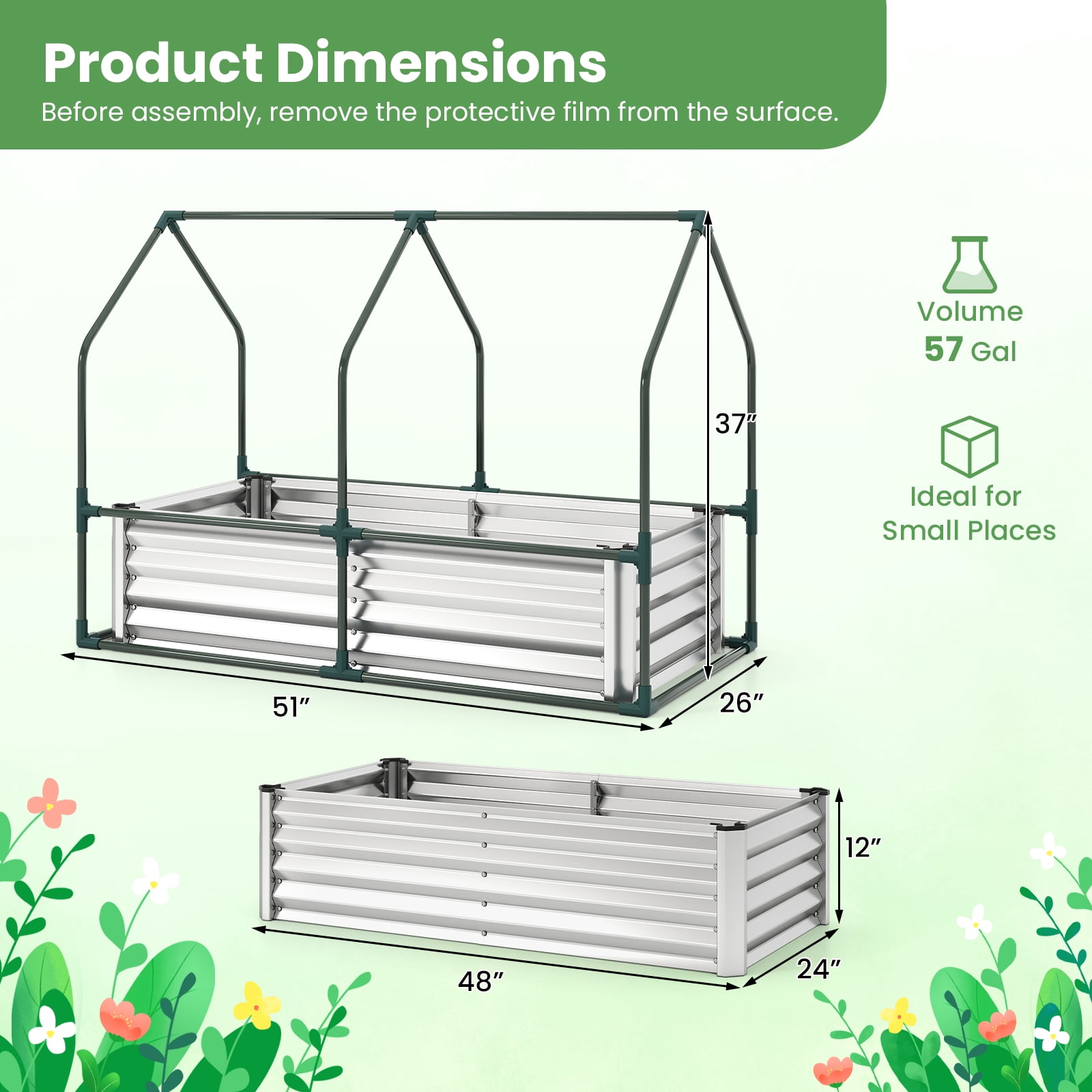 Gymax 4 x 2 x 3 FT Small Galvanized Raised Garden Bed w/Greenhouse Cover Windows Sliver & Transparent