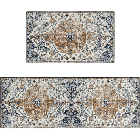 Christmas Gift Boho Kitchen Rug Mat Set of 2 Kitchen Rugs Farmhouse Style Non-Slip Washable Kitchen Floor Mats Boho Runner Rug Decor Blue