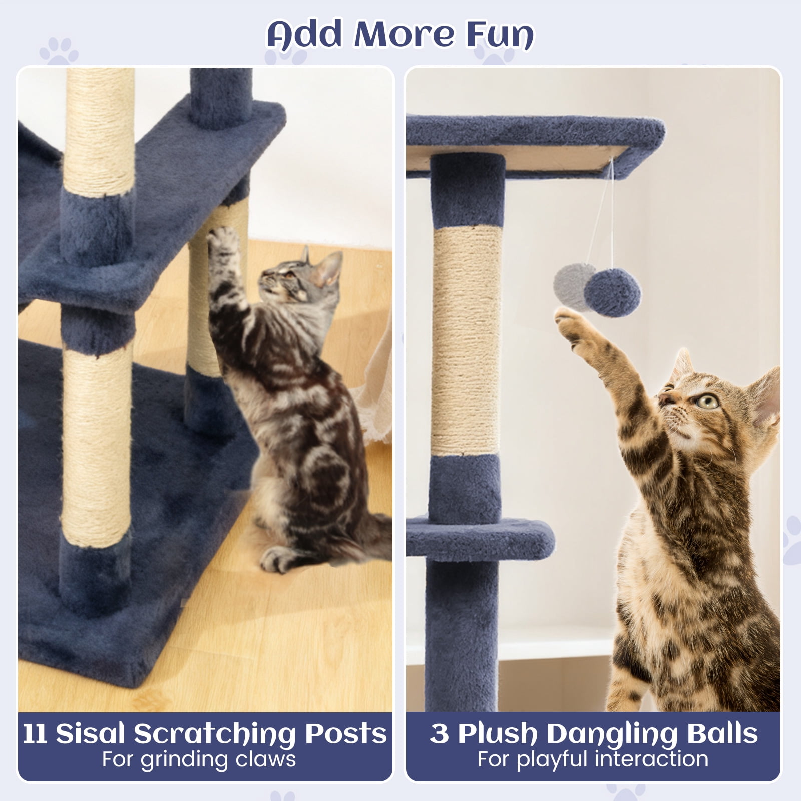 Gymax 80'' Tall Cat Tree w/2 Condos Sisal Scratching Posts Plush Perch Hammock Basket Dark Gray